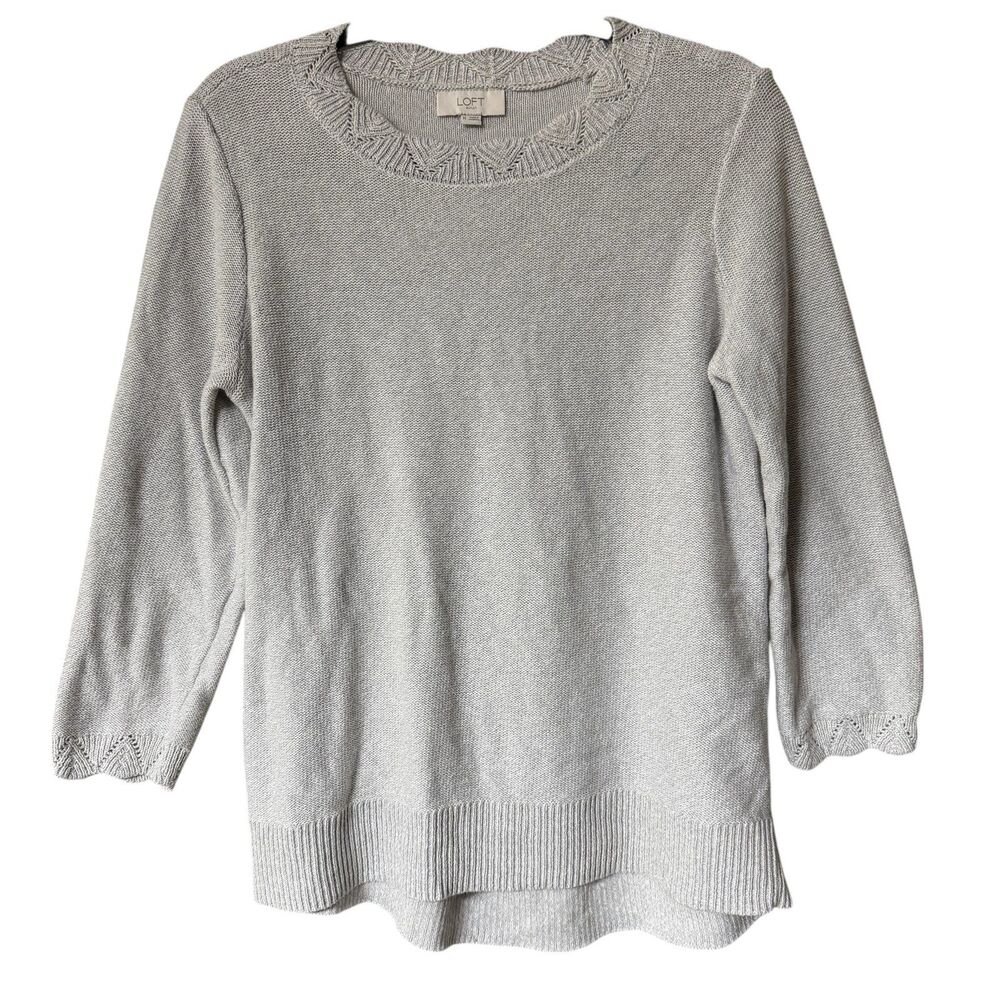 Loft Outlet Knit Sweater Scalloped Neckline 3/4 Length Sleeves Gray Women's M‎